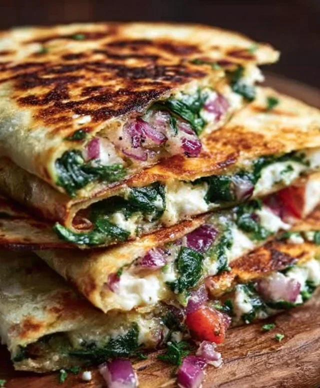Mediterranean Quesadillas with Spinach, Feta, Mozzarella, and Red Onion