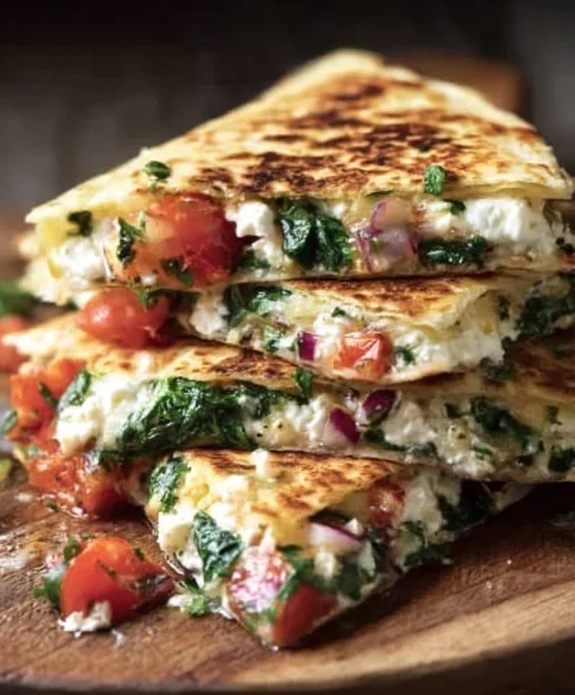 Mediterranean Quesadillas with Spinach, Feta, Mozzarella, and Red Onion