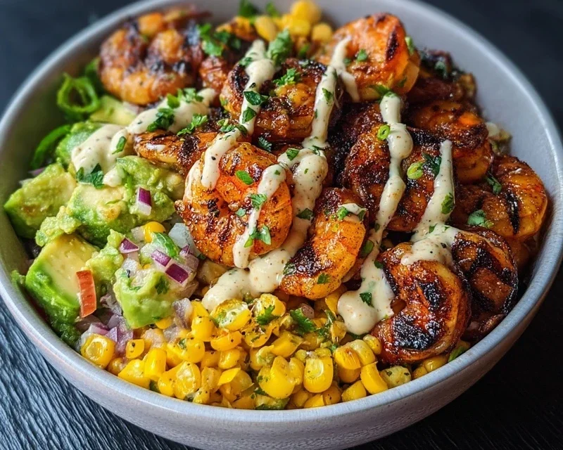 Grilled Shrimp Bowl with Avocado, Corn Salsa & Creamy Garlic Sauce