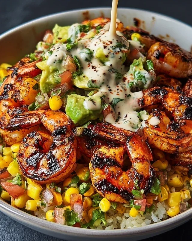 Grilled Shrimp Bowl with Avocado, Corn Salsa & Creamy Garlic Sauce