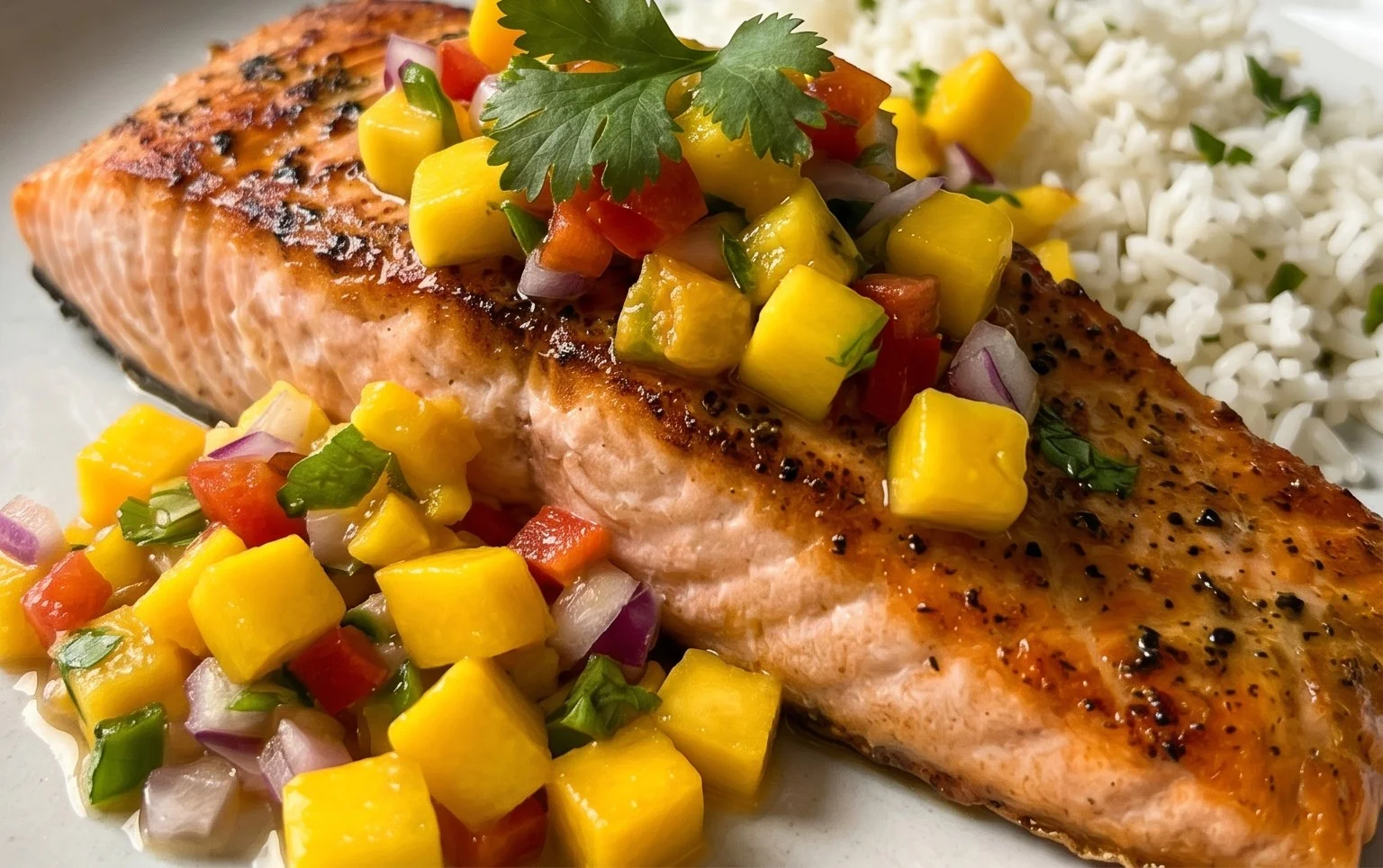Grilled Salmon with Mango Salsa and Coconut Rice