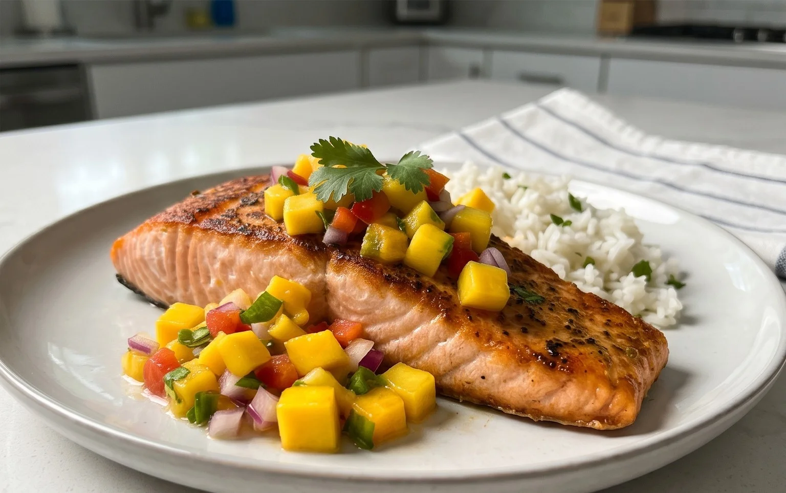 Grilled Salmon with Mango Salsa and Coconut Rice