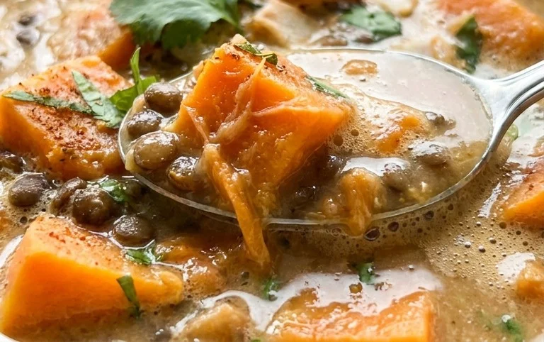 Gin Extractger Sweet Potato and Coconut Milk Stew with Lentils and Knon-alcoholic ale