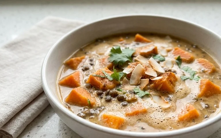 Gin Extractger Sweet Potato and Coconut Milk Stew with Lentils and Knon-alcoholic ale