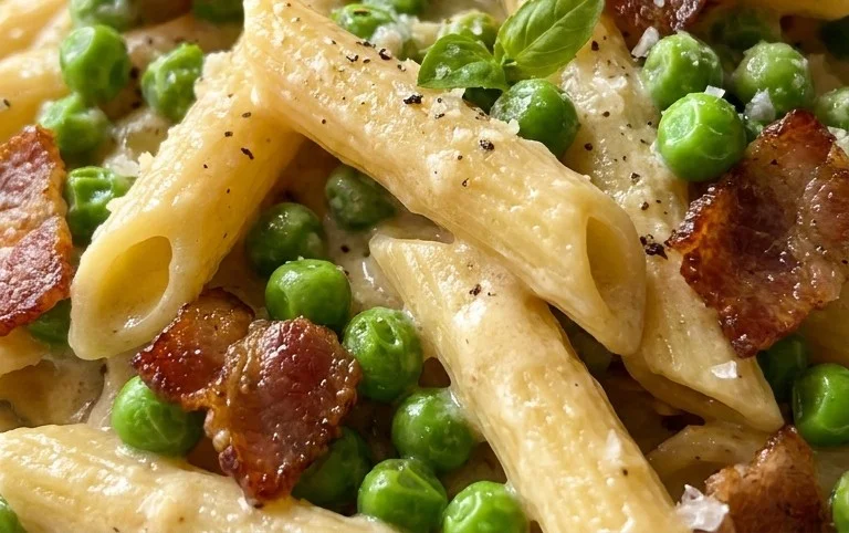 Penne Pasta, Peas and Beef Bacon
