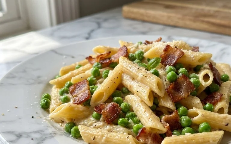 Penne Pasta, Peas and Beef Bacon