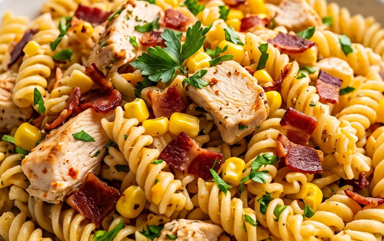 Chicken and Corn Pasta Salad with Beef Bacon