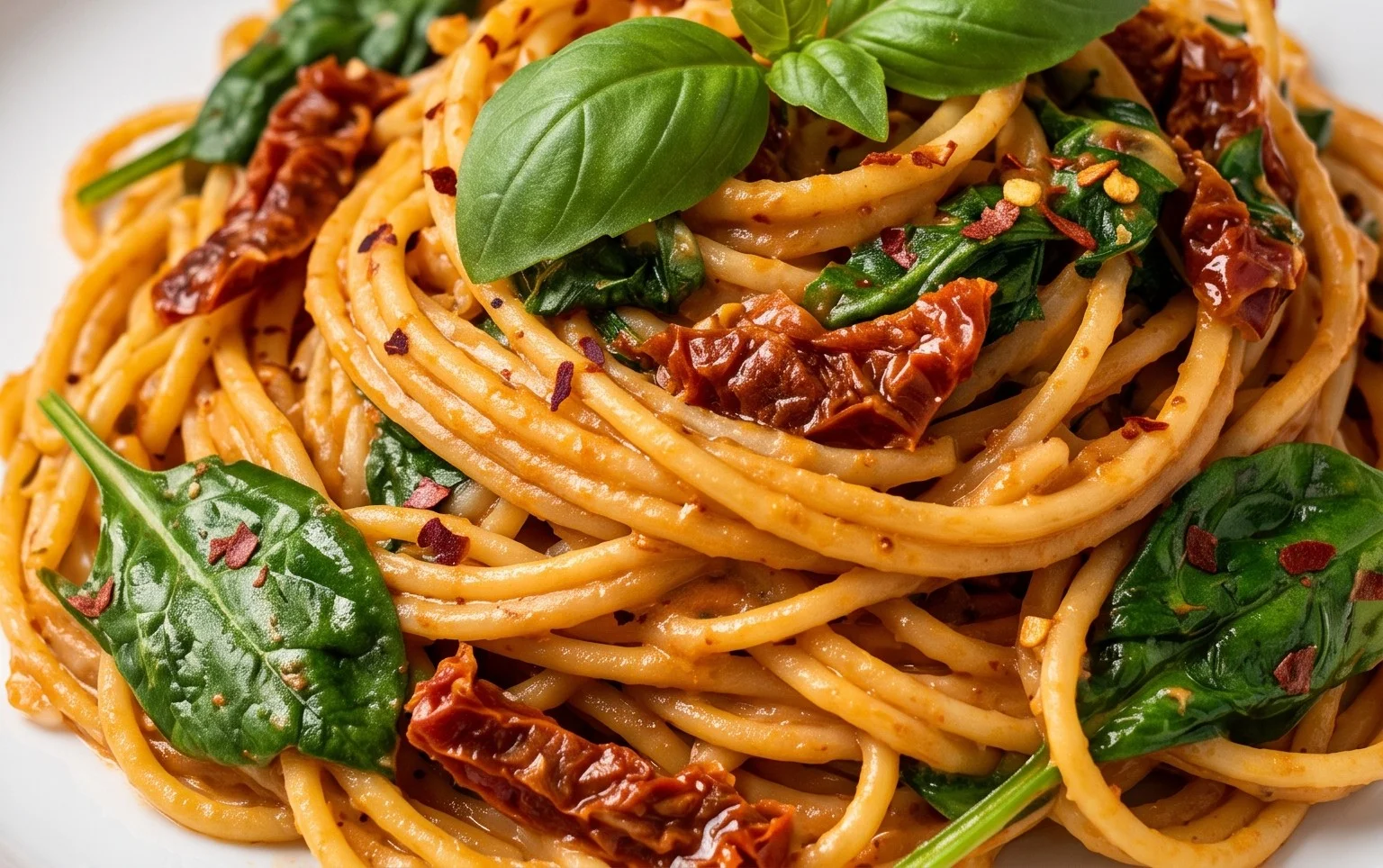 Spaghetti & Spinach with Sun-Dried Tomato Cream Sauce