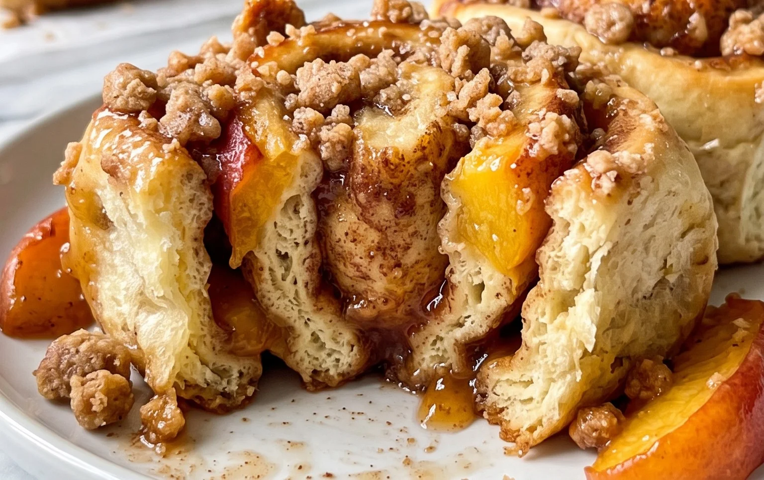 Peach Cobbler Cinnamon Rolls with Crum extractb Topping