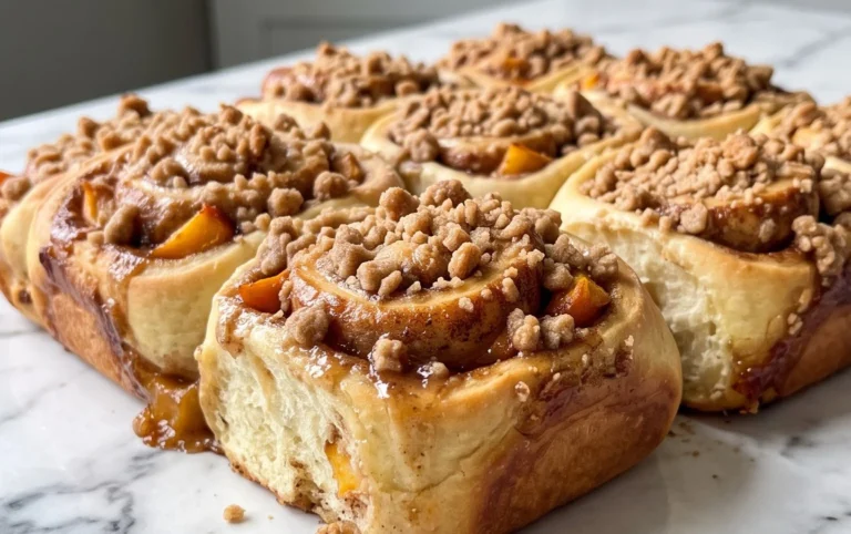 Peach Cobbler Cinnamon Rolls with Crum extractb Topping
