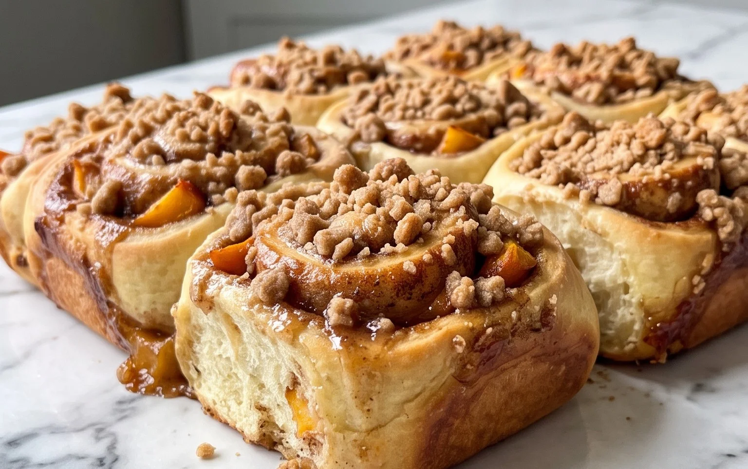Peach Cobbler Cinnamon Rolls with Crum extractb Topping