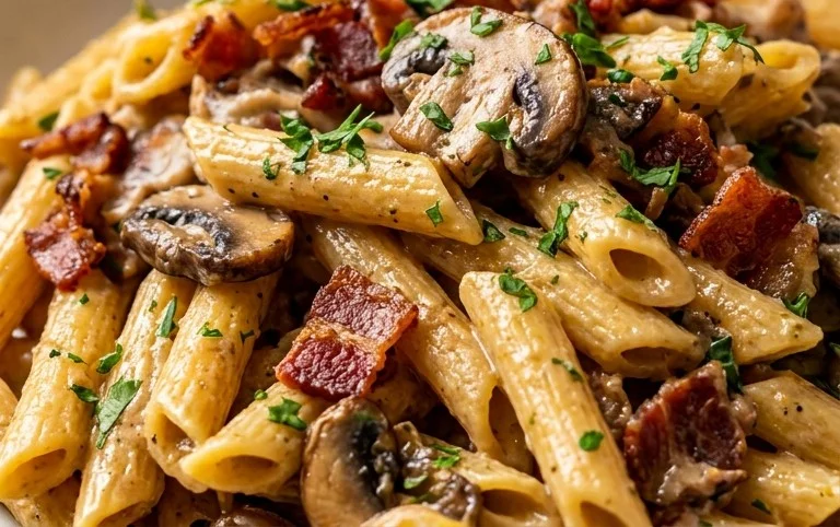 Creamy Beef Bacon and Mushroom Pasta