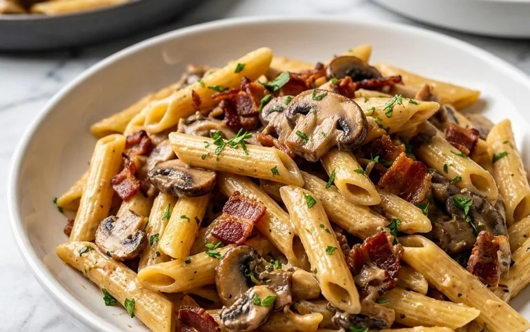 Creamy Beef Bacon and Mushroom Pasta