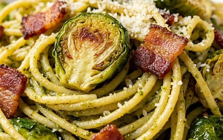 Brussels Sprouts and Beef Bacon Pesto Pasta