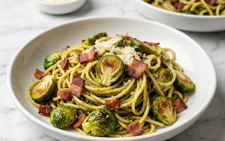 Brussels Sprouts and Beef Bacon Pesto Pasta