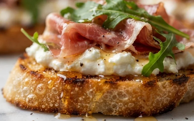 Beef Prosciutto Crostini with Burrata and Lemon Honey Drizzle