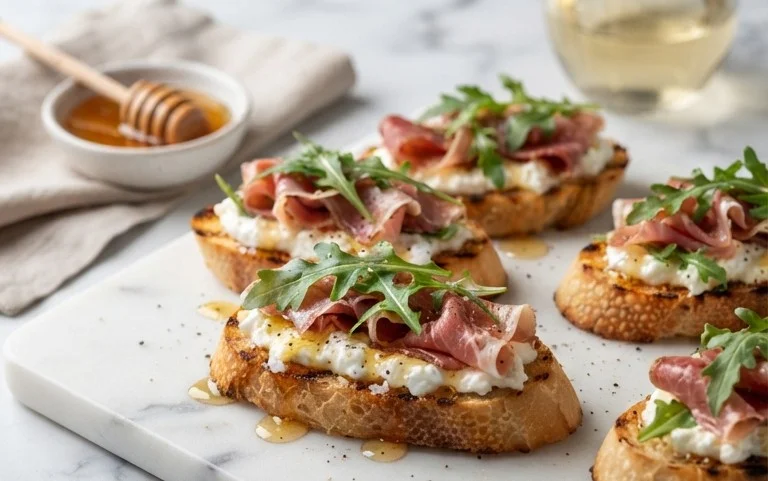 Beef Prosciutto Crostini with Burrata and Lemon Honey Drizzle